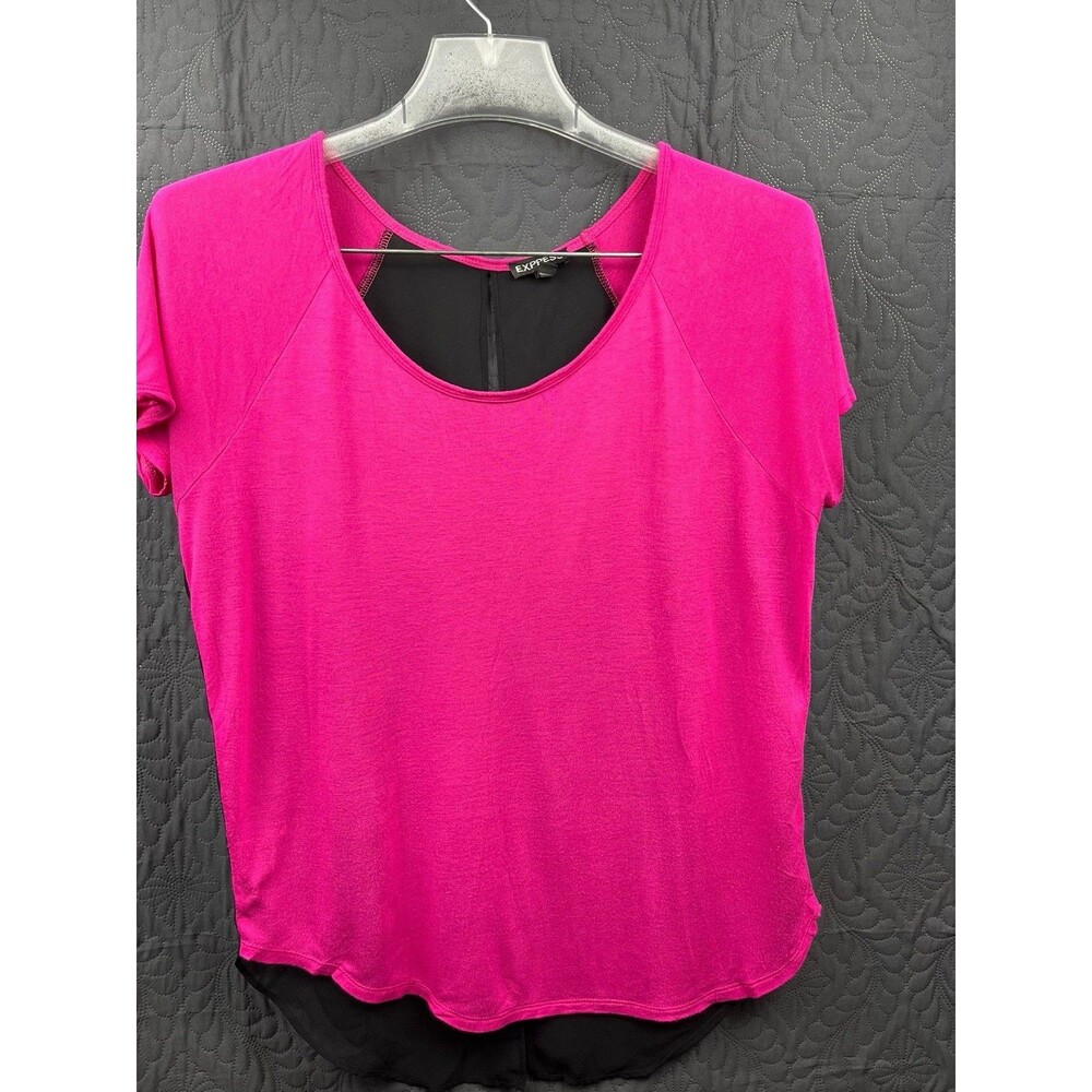 Express Pink & Black Sheer Slit Back Short Sleeve Top SZ S Barbie Core Chic Cute